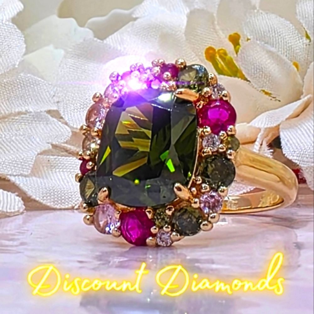 Emerald Cut Peridot, Pink Sapphire, Garnet & Peridot Accents 14K Gold on 925